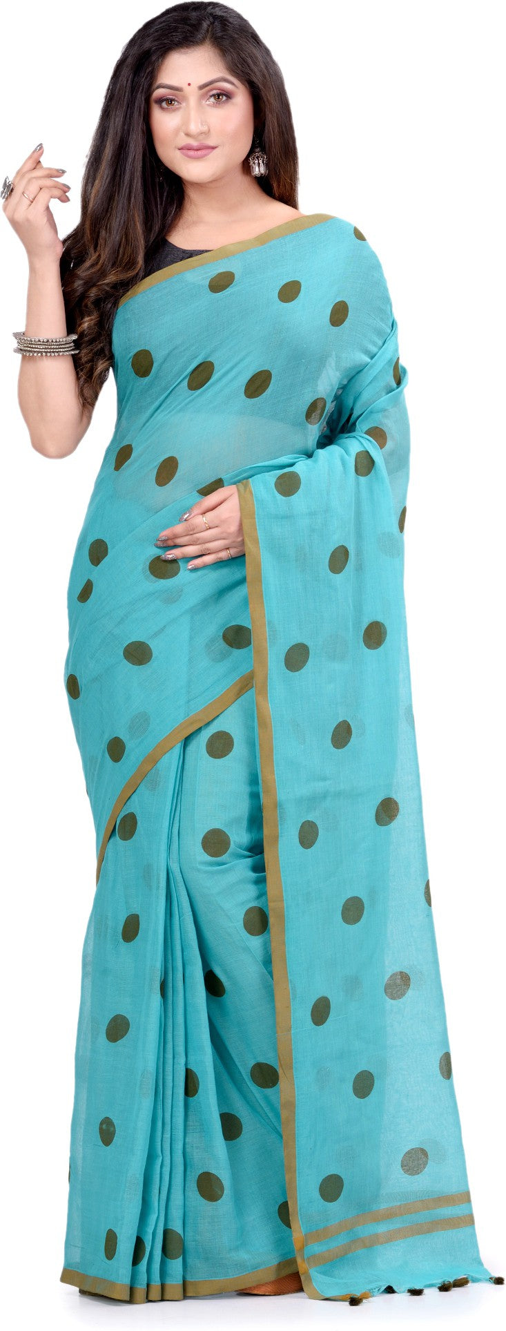 Desh Bidesh Polka Print Handloom Cotton Blend Saree (Multicolor) - Distacart