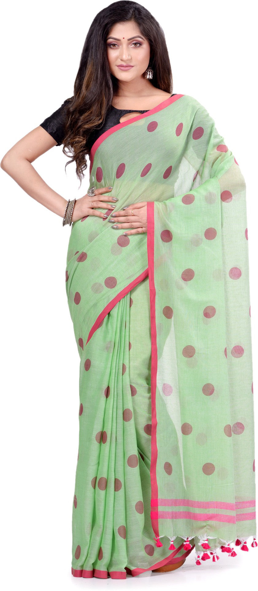 Desh Bidesh Polka Print Handloom Cotton Blend Saree (Light Green) - Distacart