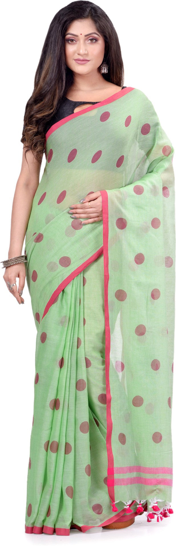 Desh Bidesh Polka Print Handloom Cotton Blend Saree (Light Green) - Distacart
