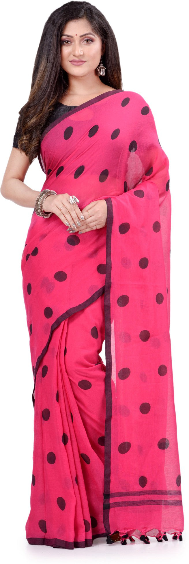 Desh Bidesh Polka Print Handloom Cotton Blend Saree (Multicolor) - Distacart