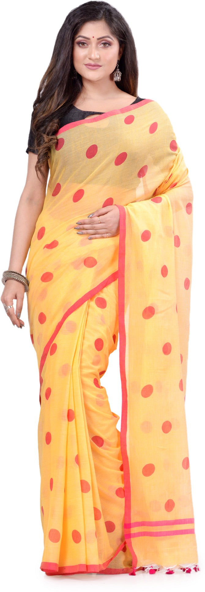 Desh Bidesh Polka Print Handloom Cotton Blend Saree (Multicolor) - Distacart