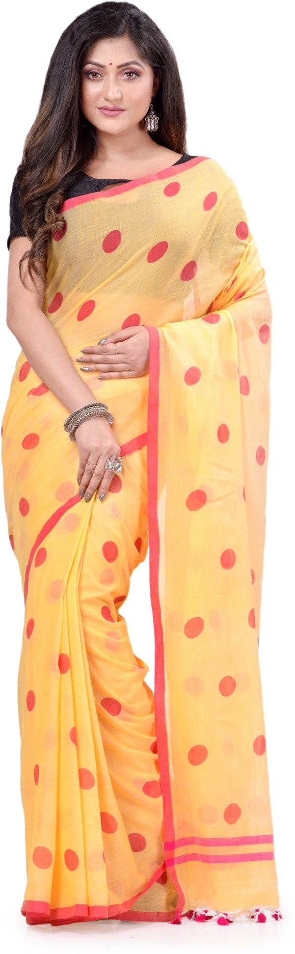 Desh Bidesh Polka Print Handloom Cotton Blend Saree (Multicolor) - Distacart