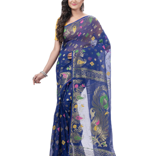 Desh Bidesh Woven Jamdani Pure Cotton Saree (Blue) - Distacart