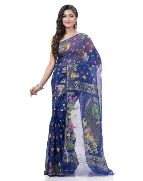Desh Bidesh Woven Jamdani Pure Cotton Saree (Blue) - Distacart