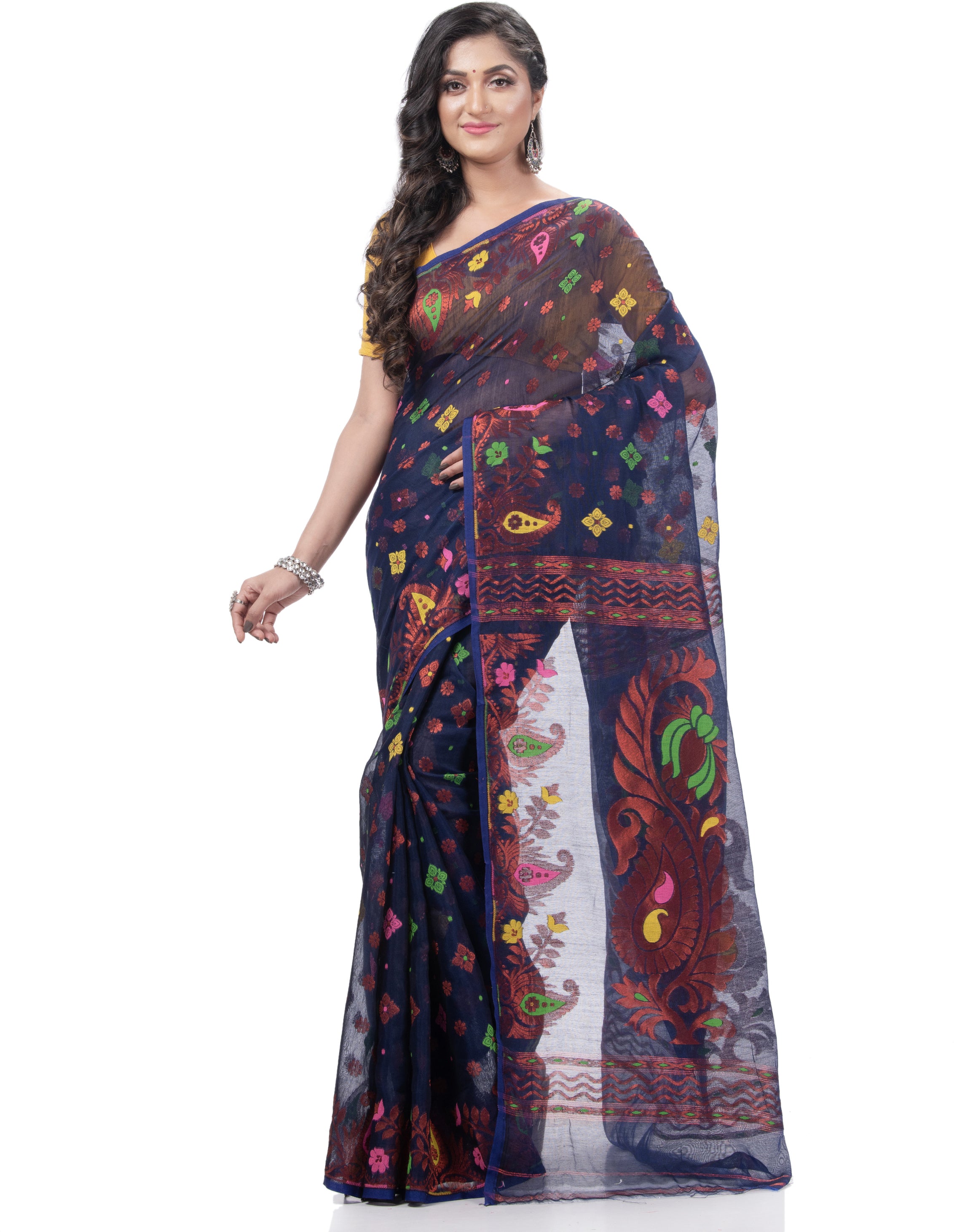 Desh Bidesh Woven Jamdani Pure Cotton Saree (Blue) - Distacart