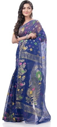 Thumbnail for Desh Bidesh Woven Jamdani Pure Cotton Saree (Blue) - Distacart