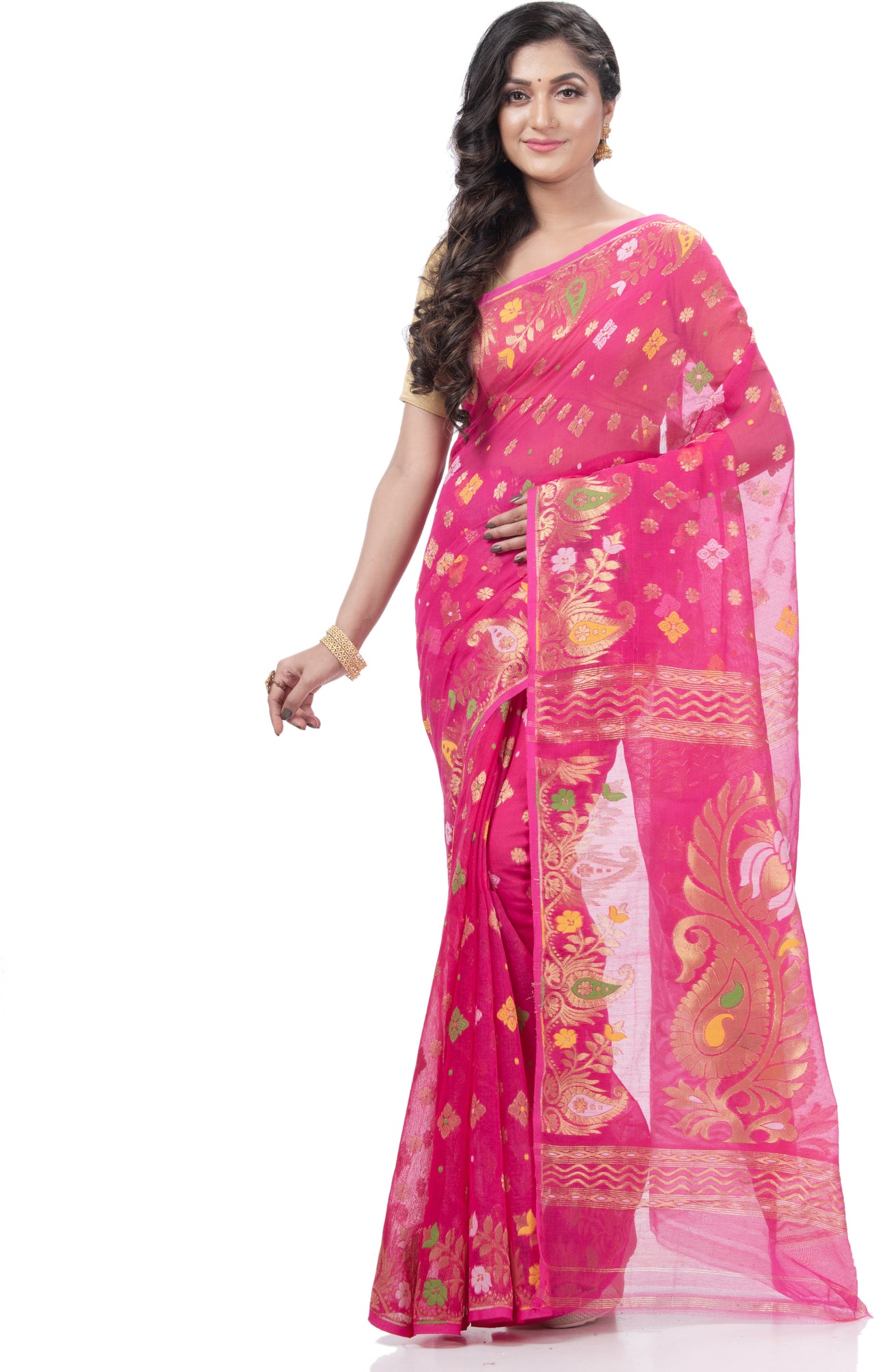Desh Bidesh Woven Jamdani Pure Cotton Saree (Pink) - Distacart