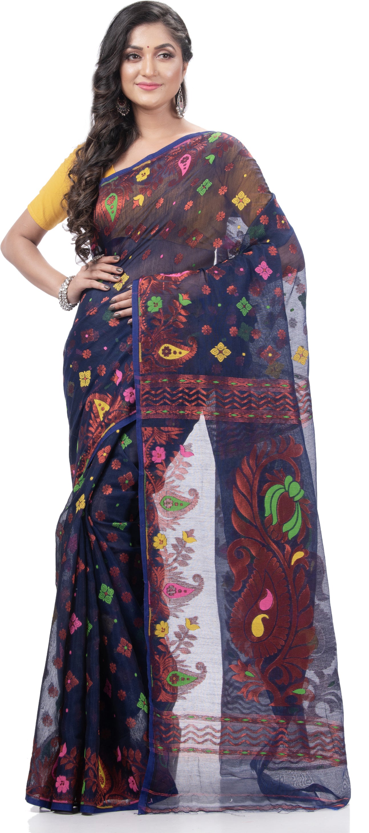 Desh Bidesh Woven Jamdani Pure Cotton Saree (Blue) - Distacart