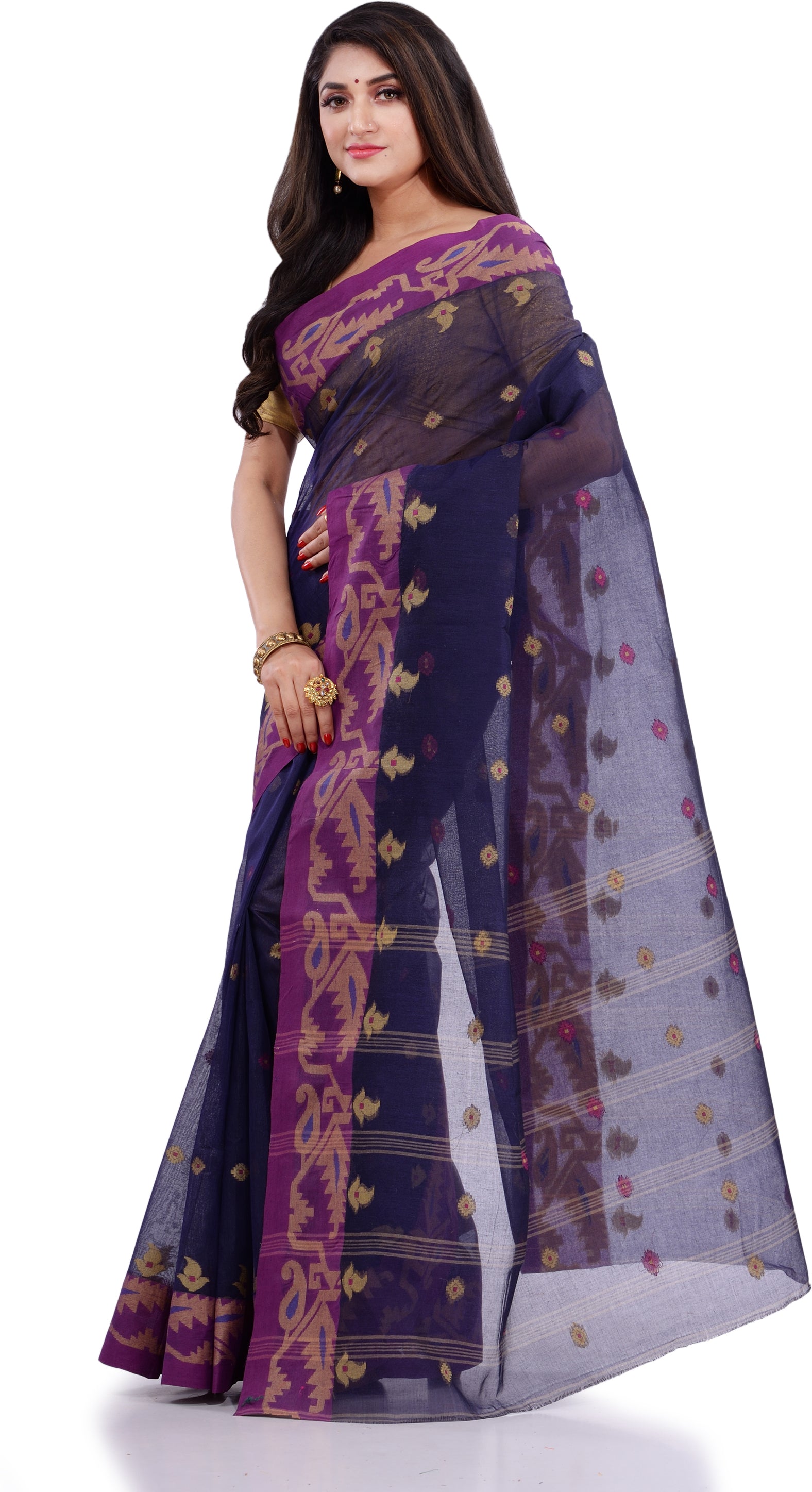 Desh Bidesh Woven Handloom Pure Cotton Saree (Blue) - Distacart
