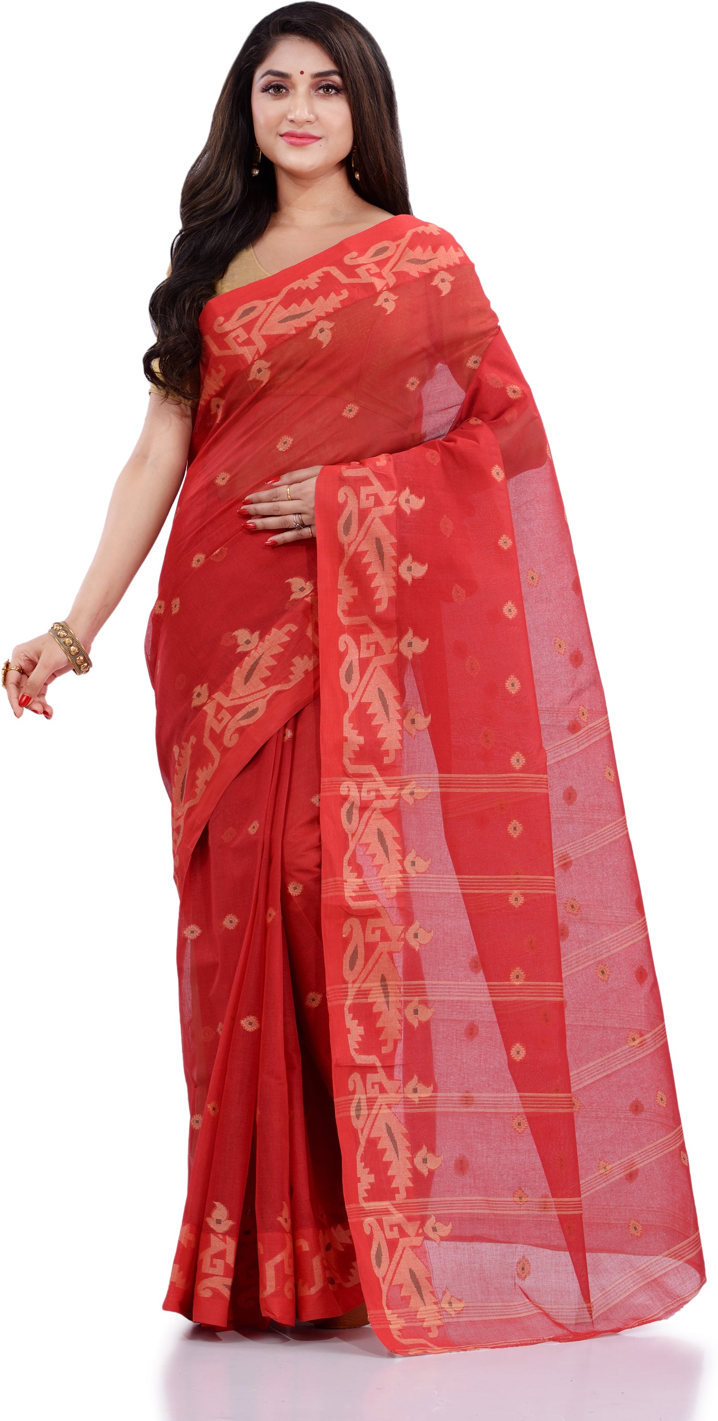 Desh Bidesh Woven Handloom Pure Cotton Saree (Red) - Distacart