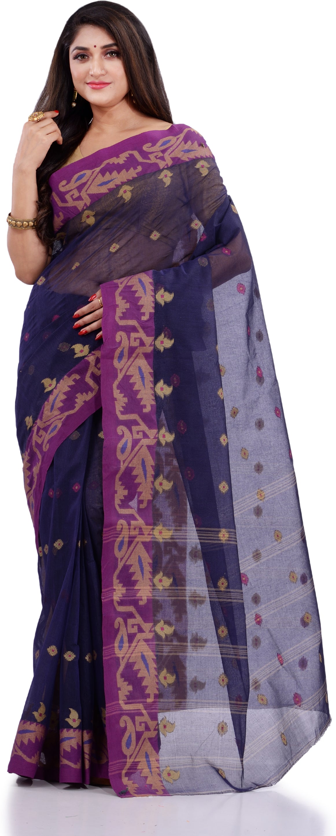 Desh Bidesh Woven Handloom Pure Cotton Saree (Blue) - Distacart