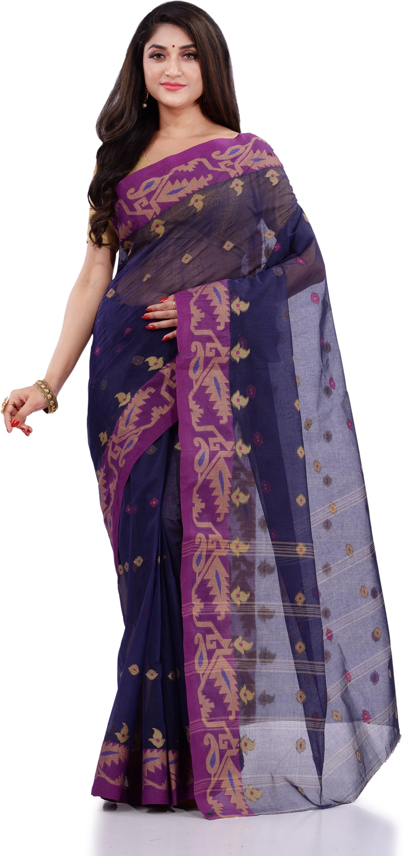 Desh Bidesh Woven Handloom Pure Cotton Saree (Blue) - Distacart