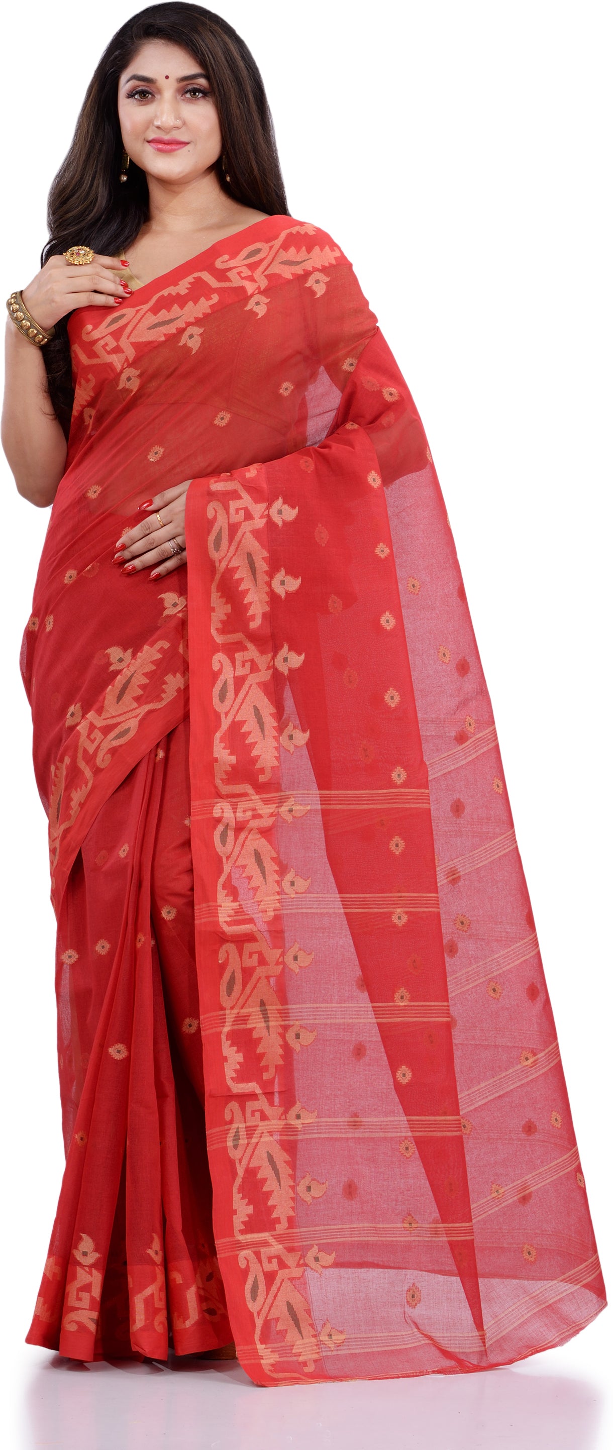 Desh Bidesh Woven Handloom Pure Cotton Saree (Red) - Distacart