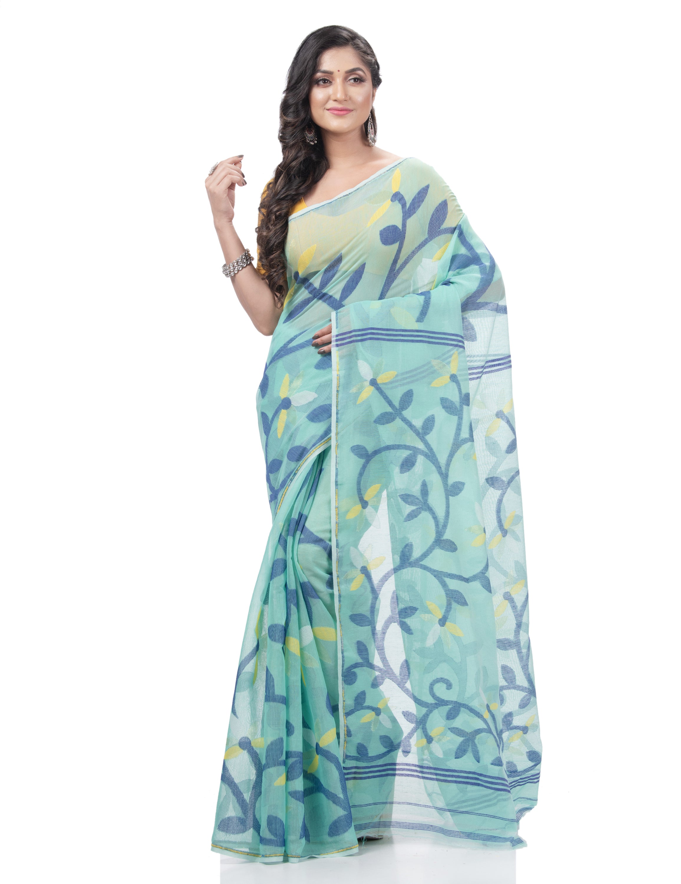 Desh Bidesh Woven Jamdani Handloom Pure Cotton Saree (Blue) - Distacart