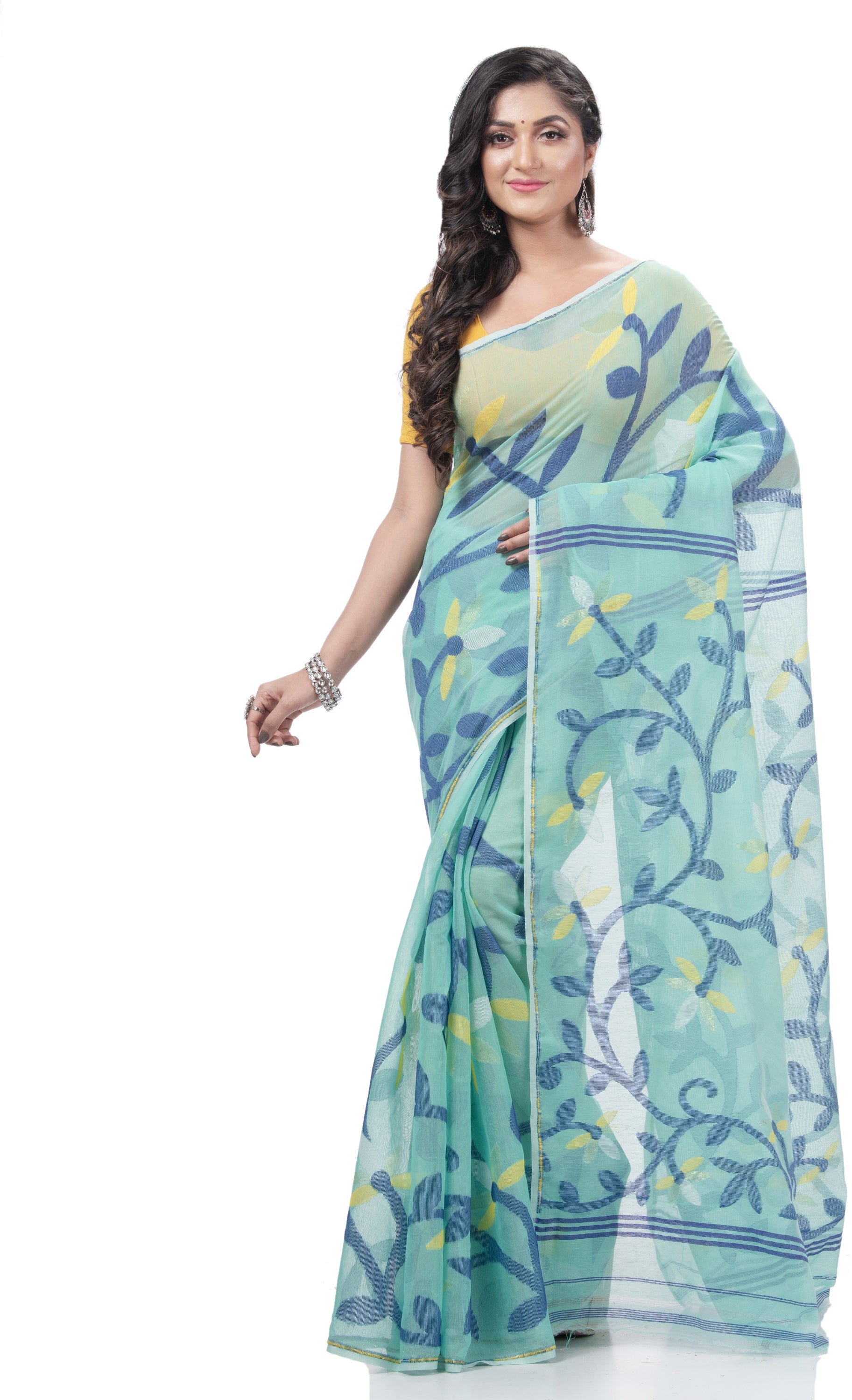 Desh Bidesh Woven Jamdani Handloom Pure Cotton Saree (Blue) - Distacart
