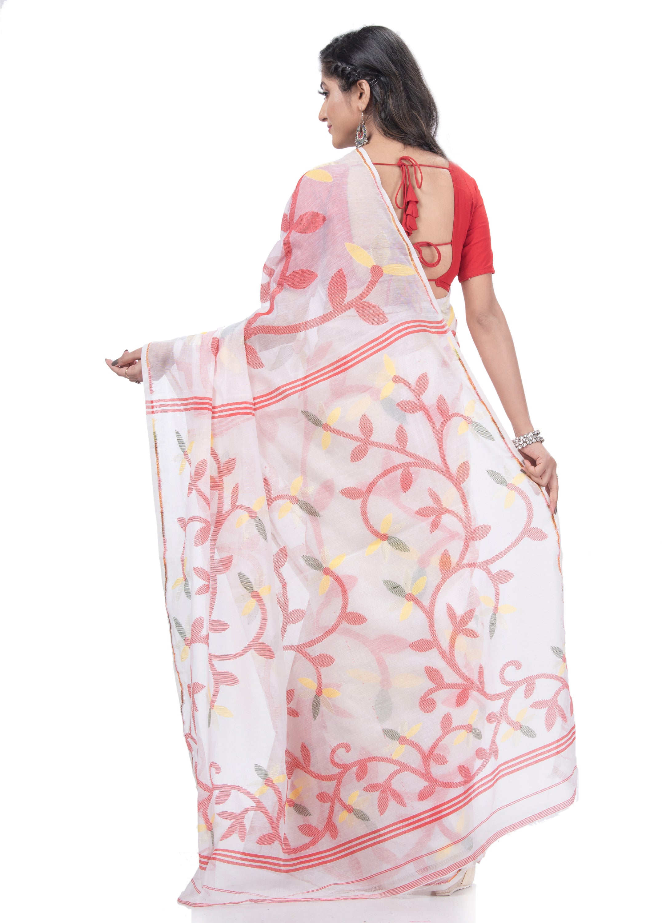 Desh Bidesh Woven Jamdani Handloom Pure Cotton Saree (White) - Distacart