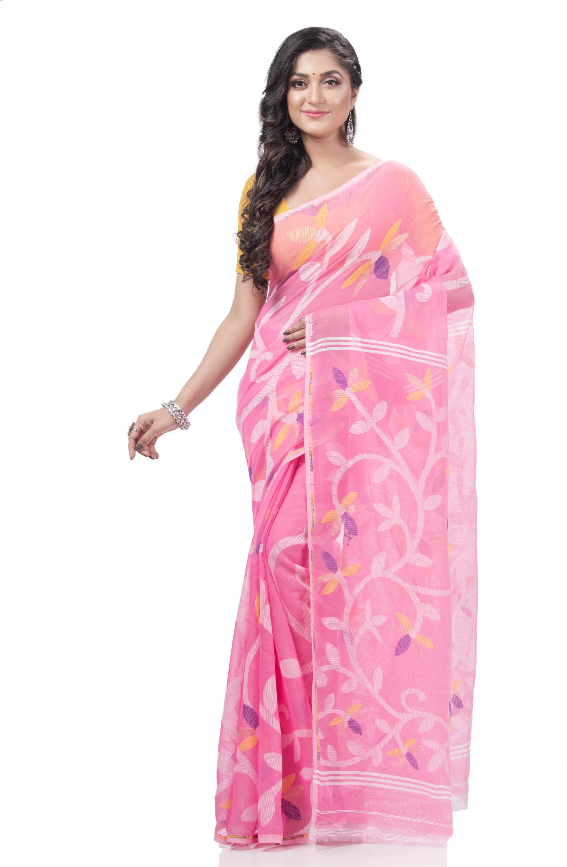 Desh Bidesh Embellished Jamdani Handloom Muslin Saree (Pink) - Distacart