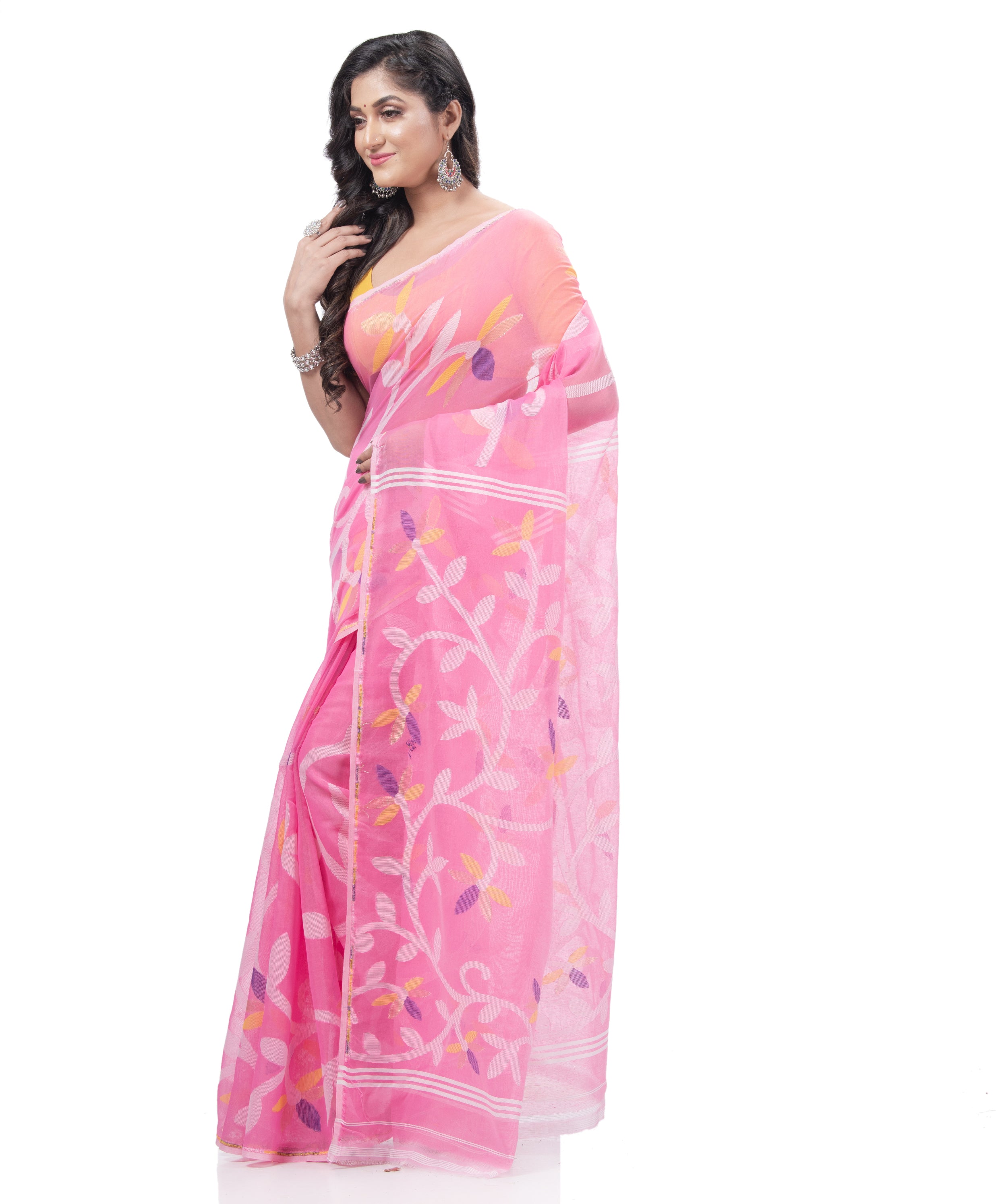 Desh Bidesh Woven Jamdani Handloom Pure Cotton Saree (Pink) - Distacart