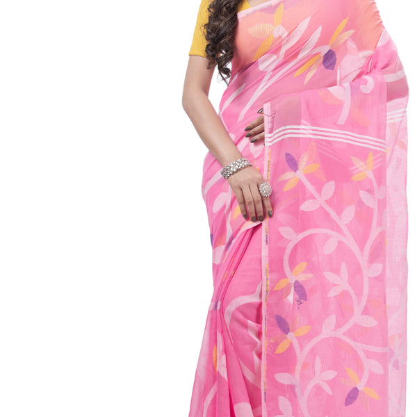 Desh Bidesh Woven Jamdani Handloom Pure Cotton Saree (Pink) - Distacart