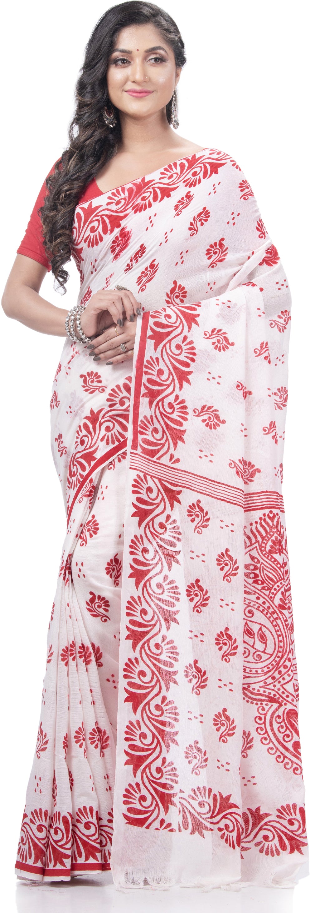 Desh Bidesh Blocked Printed Handloom Handloom Pure Cotton Saree (White) - Distacart