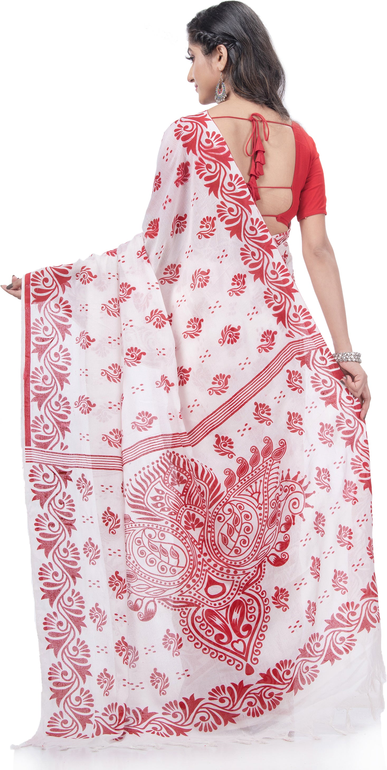 Desh Bidesh Blocked Printed Handloom Handloom Pure Cotton Saree (White) - Distacart
