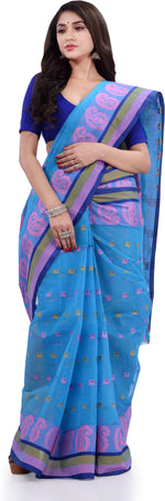 Thumbnail for Desh Bidesh Woven Handloom Pure Cotton Saree (Blue) - Distacart
