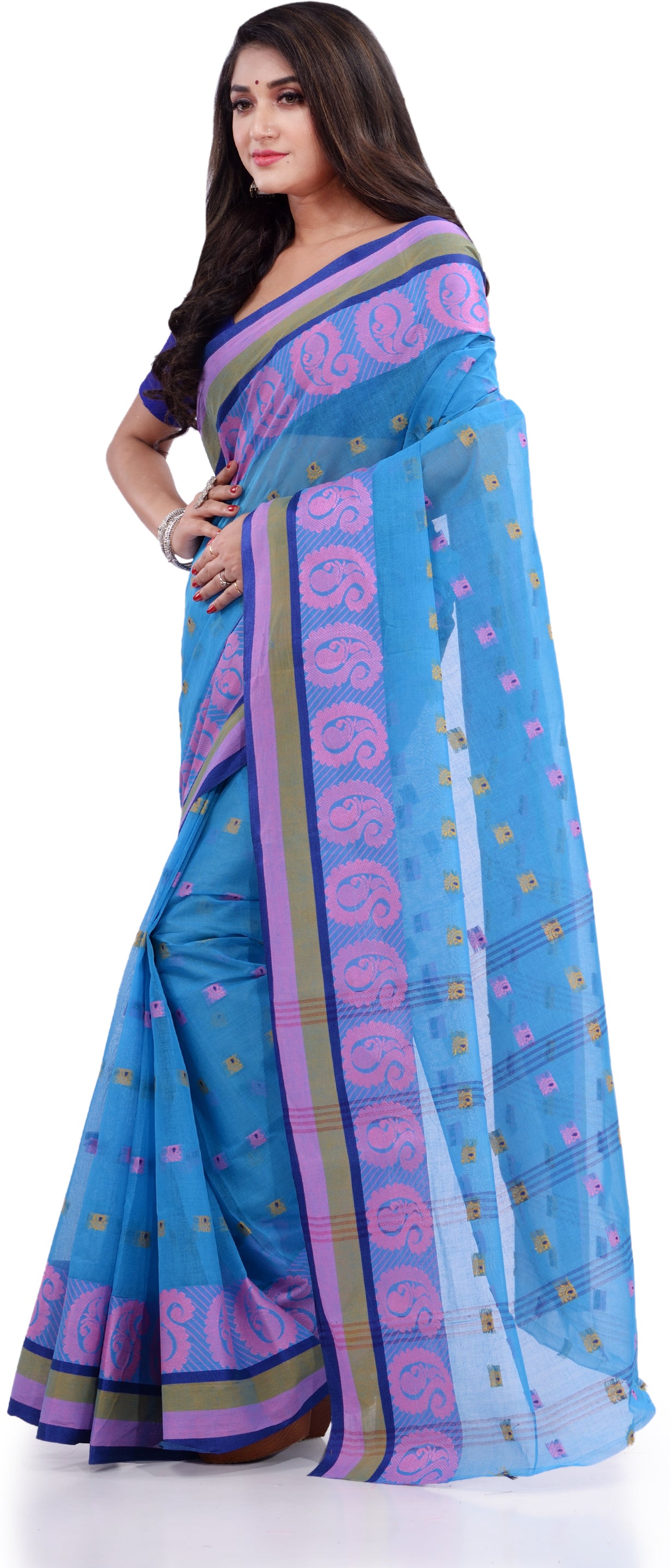 Desh Bidesh Woven Handloom Pure Cotton Saree (Blue) - Distacart