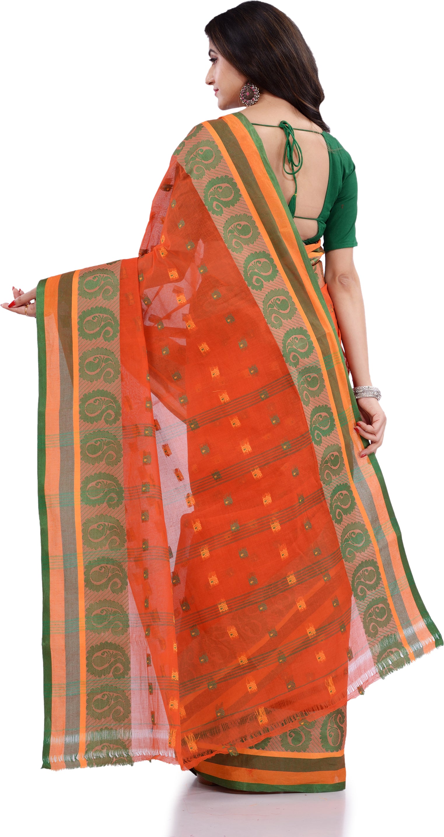 Desh Bidesh Woven Handloom Pure Cotton Saree (Orange) - Distacart