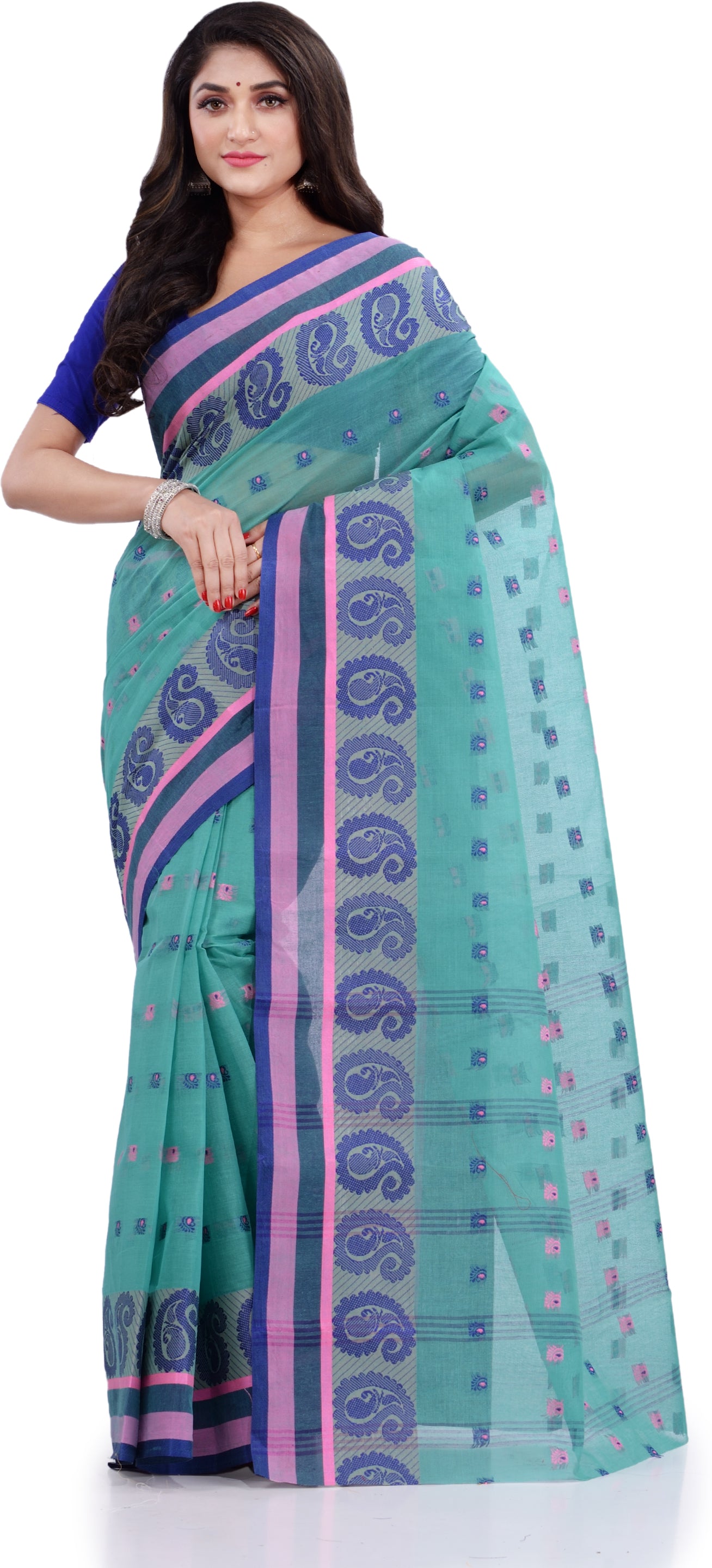 Desh Bidesh Woven Handloom Pure Cotton Saree (Light Blue) - Distacart