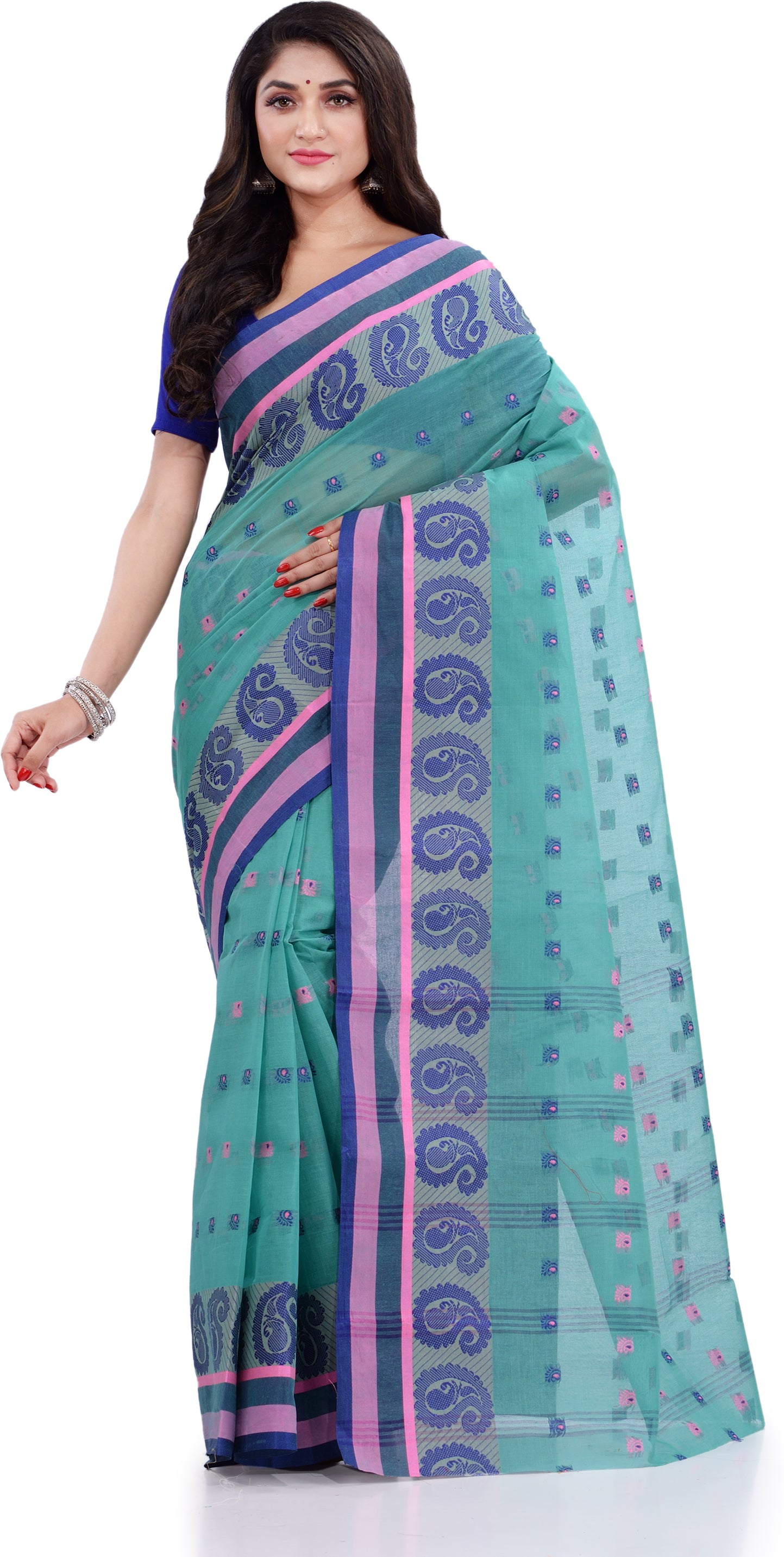 Desh Bidesh Woven Handloom Pure Cotton Saree (Light Blue) - Distacart