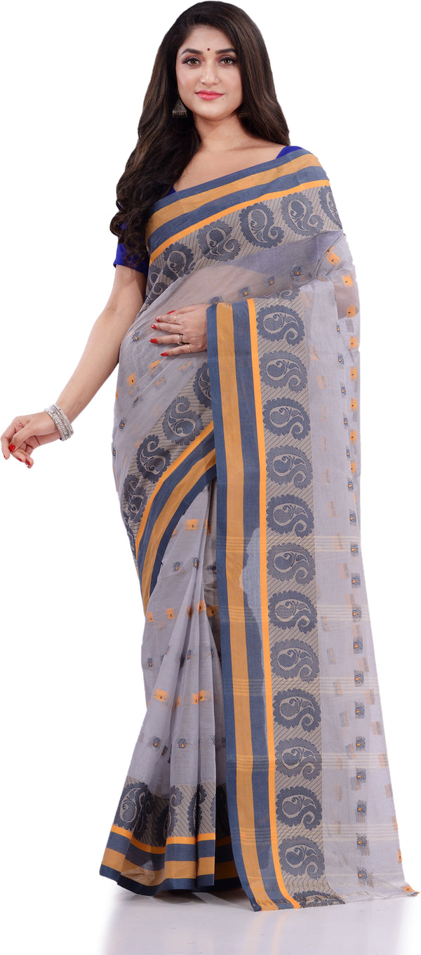 Desh Bidesh Woven Handloom Pure Cotton Saree (Grey) - Distacart