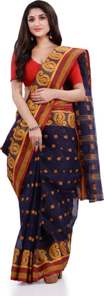 Thumbnail for Desh Bidesh Woven Handloom Pure Cotton Saree (Dark Blue) - Distacart