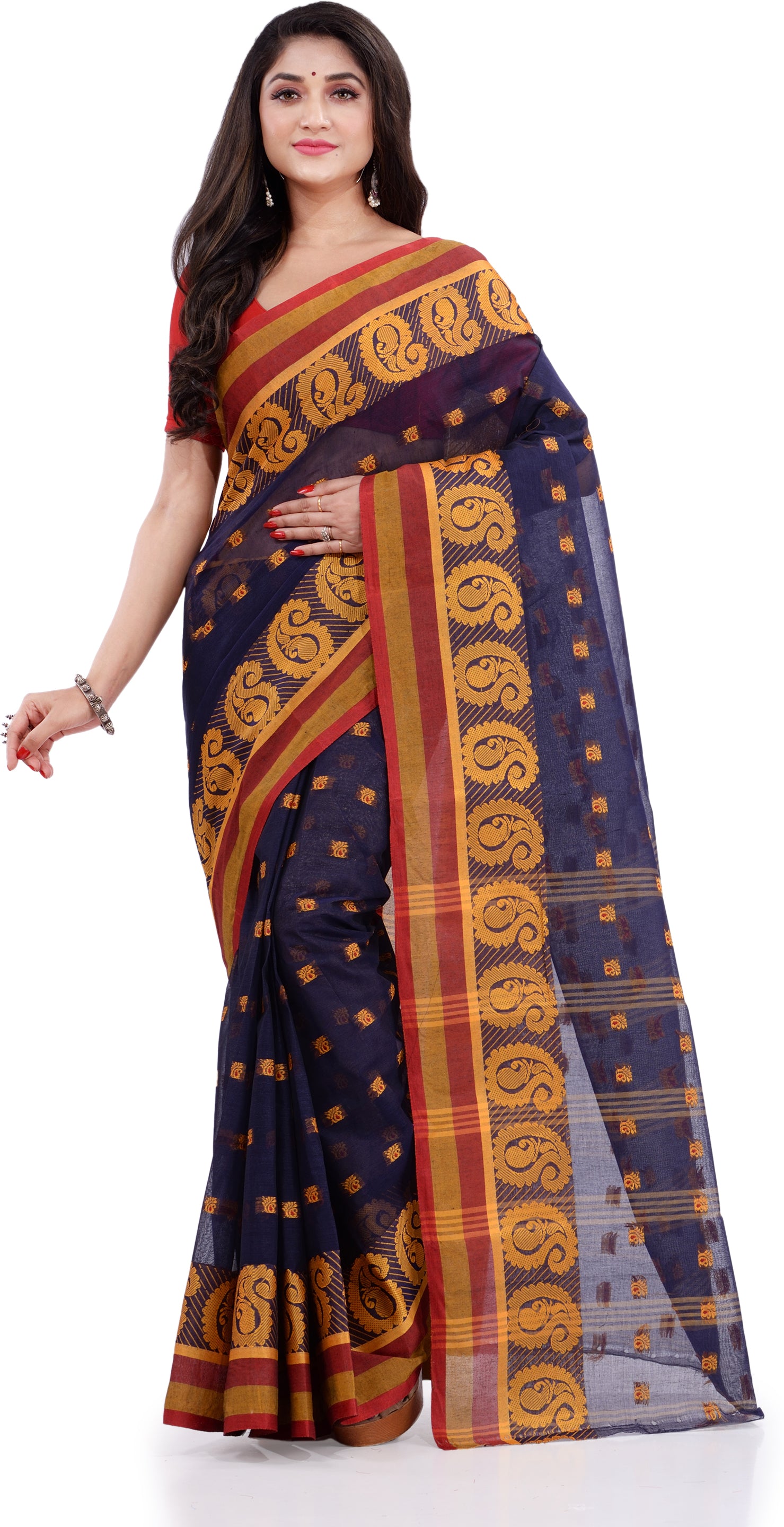 Desh Bidesh Woven Handloom Pure Cotton Saree (Dark Blue) - Distacart