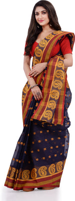 Thumbnail for Desh Bidesh Woven Handloom Pure Cotton Saree (Dark Blue) - Distacart