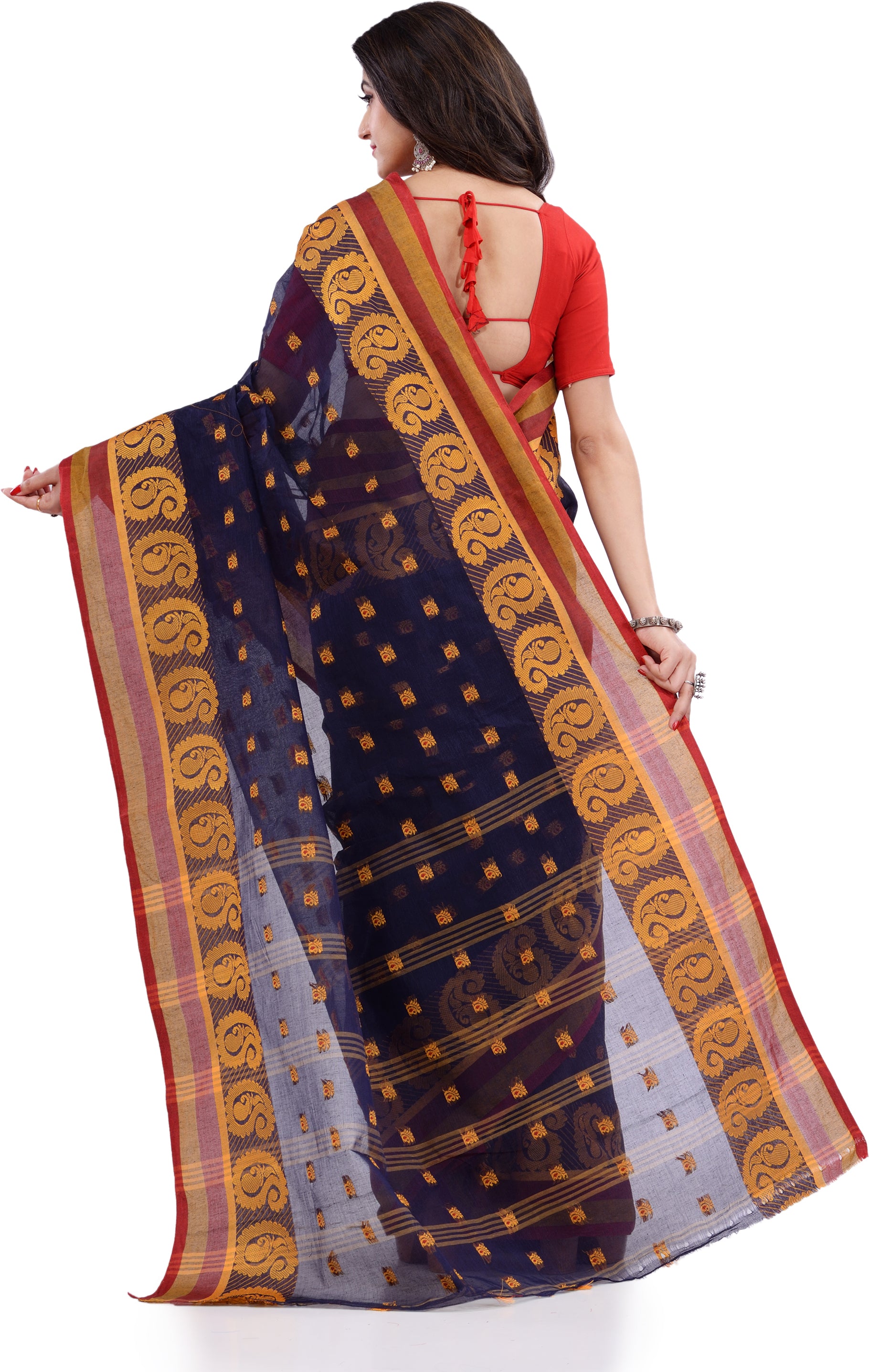 Desh Bidesh Woven Handloom Pure Cotton Saree (Dark Blue) - Distacart