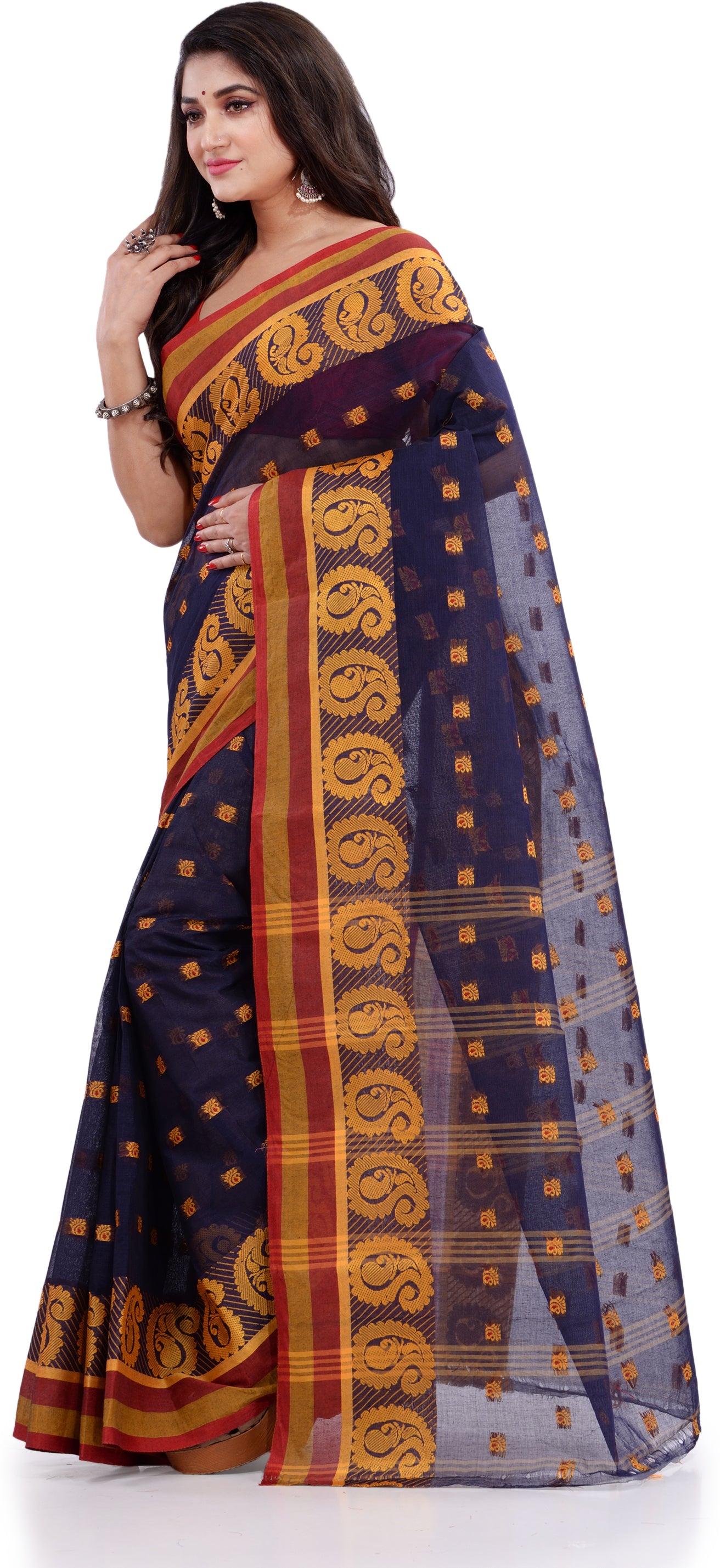 Desh Bidesh Woven Handloom Pure Cotton Saree (Dark Blue) - Distacart