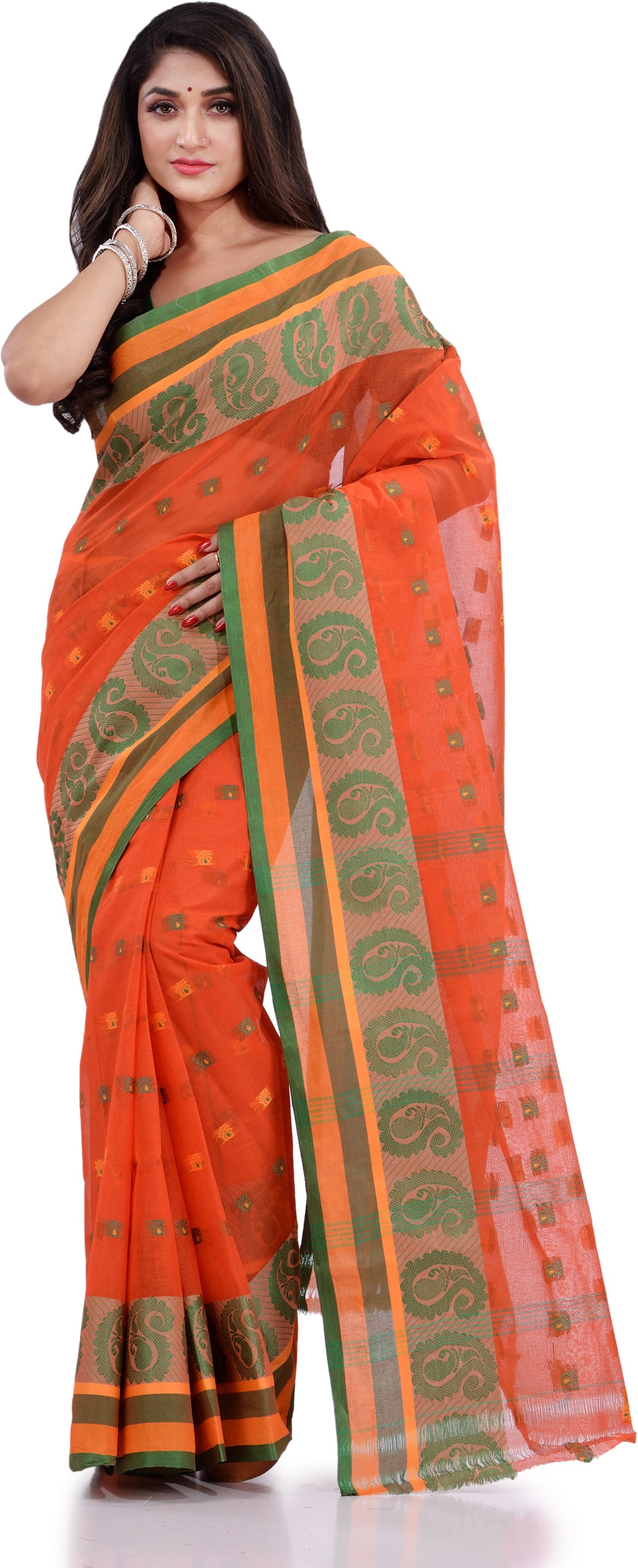 Desh Bidesh Woven Handloom Pure Cotton Saree (Orange) - Distacart