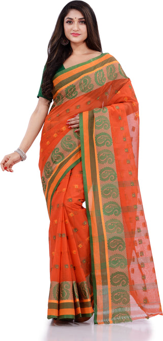 Desh Bidesh Woven Handloom Pure Cotton Saree (Orange) - Distacart