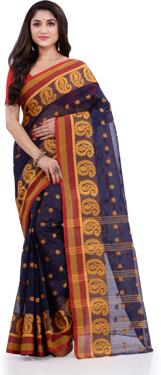 Desh Bidesh Woven Handloom Pure Cotton Saree (Dark Blue) - Distacart