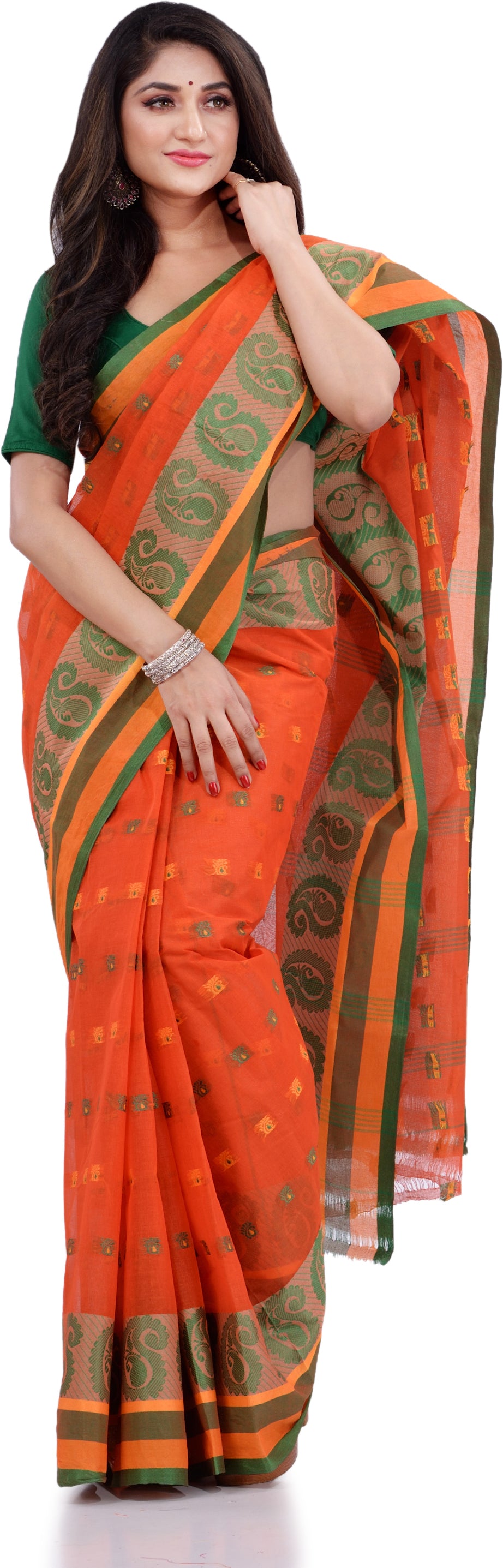 Desh Bidesh Woven Handloom Pure Cotton Saree (Orange) - Distacart