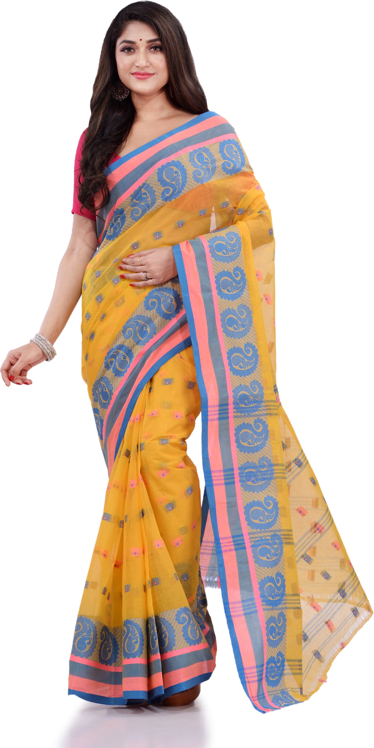 Desh Bidesh Woven Handloom Pure Cotton Saree (Yellow) - Distacart