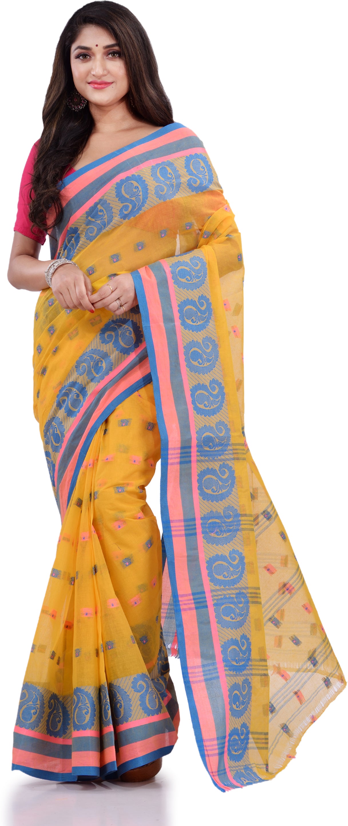 Desh Bidesh Woven Handloom Pure Cotton Saree (Yellow) - Distacart
