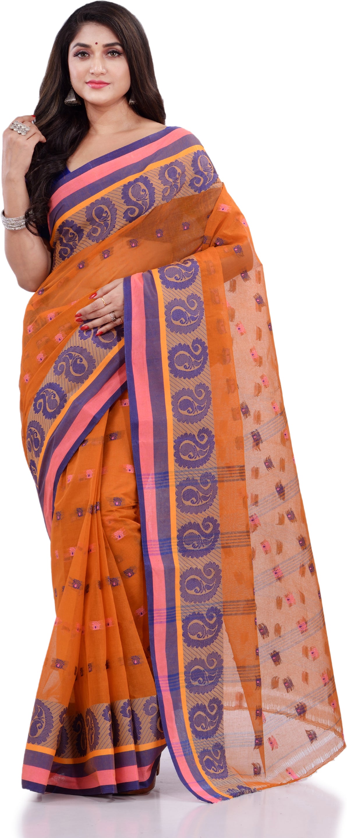 Desh Bidesh Woven Handloom Pure Cotton Saree (Orange) - Distacart