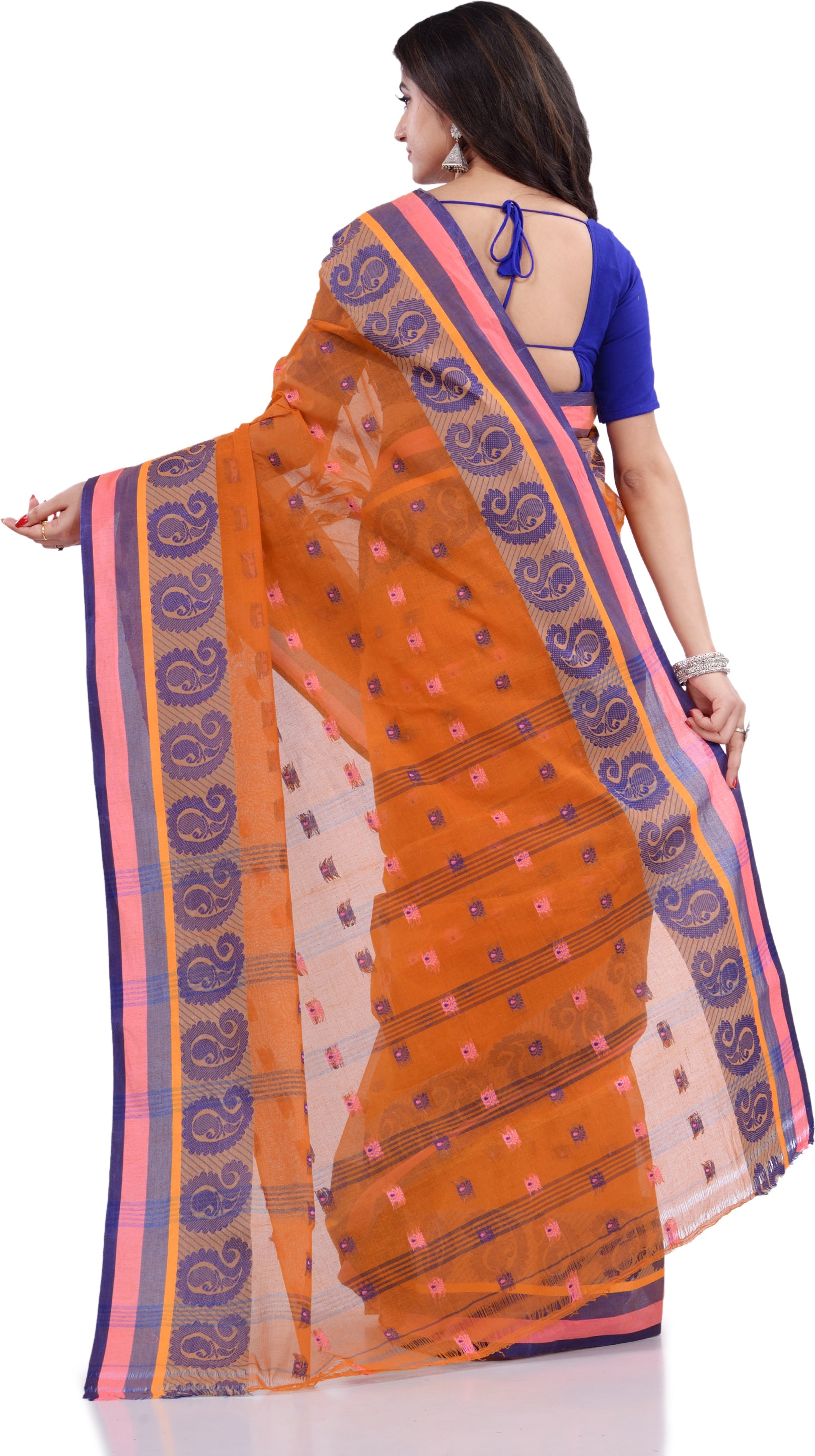 Desh Bidesh Woven Handloom Pure Cotton Saree (Orange) - Distacart