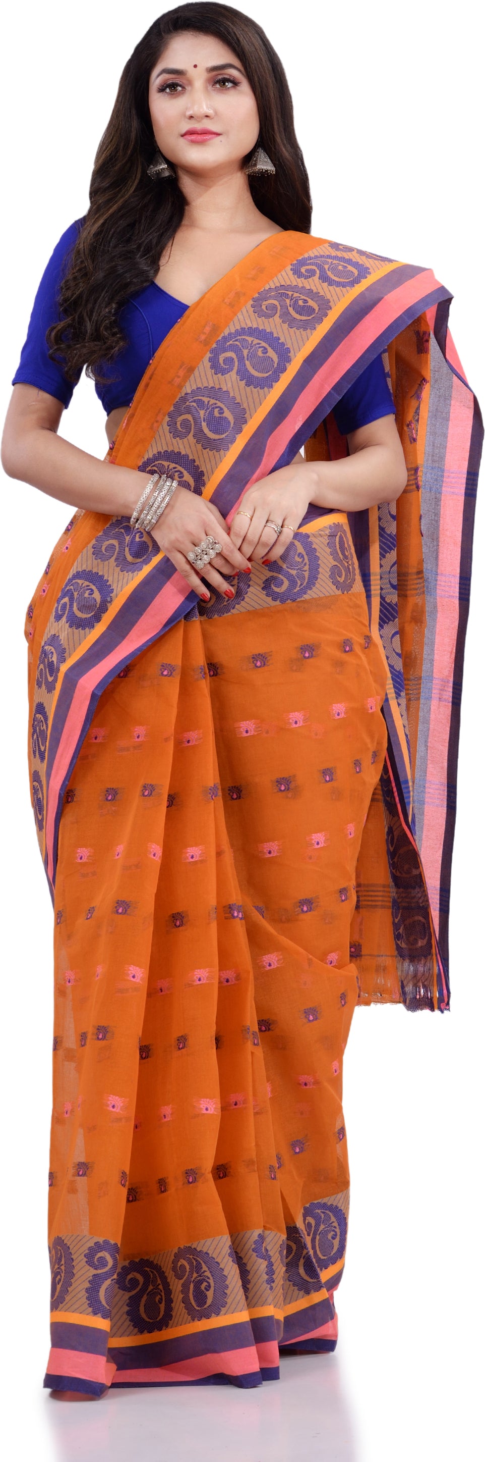 Desh Bidesh Woven Handloom Pure Cotton Saree (Orange) - Distacart