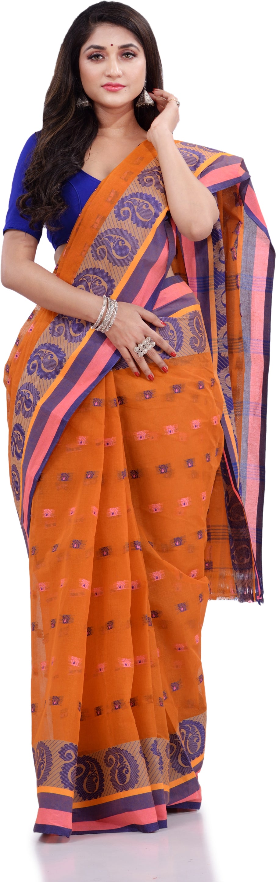 Desh Bidesh Woven Handloom Pure Cotton Saree (Orange) - Distacart