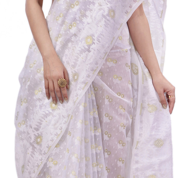 Desh Bidesh Woven Handloom Pure Cotton Saree (White) - Distacart