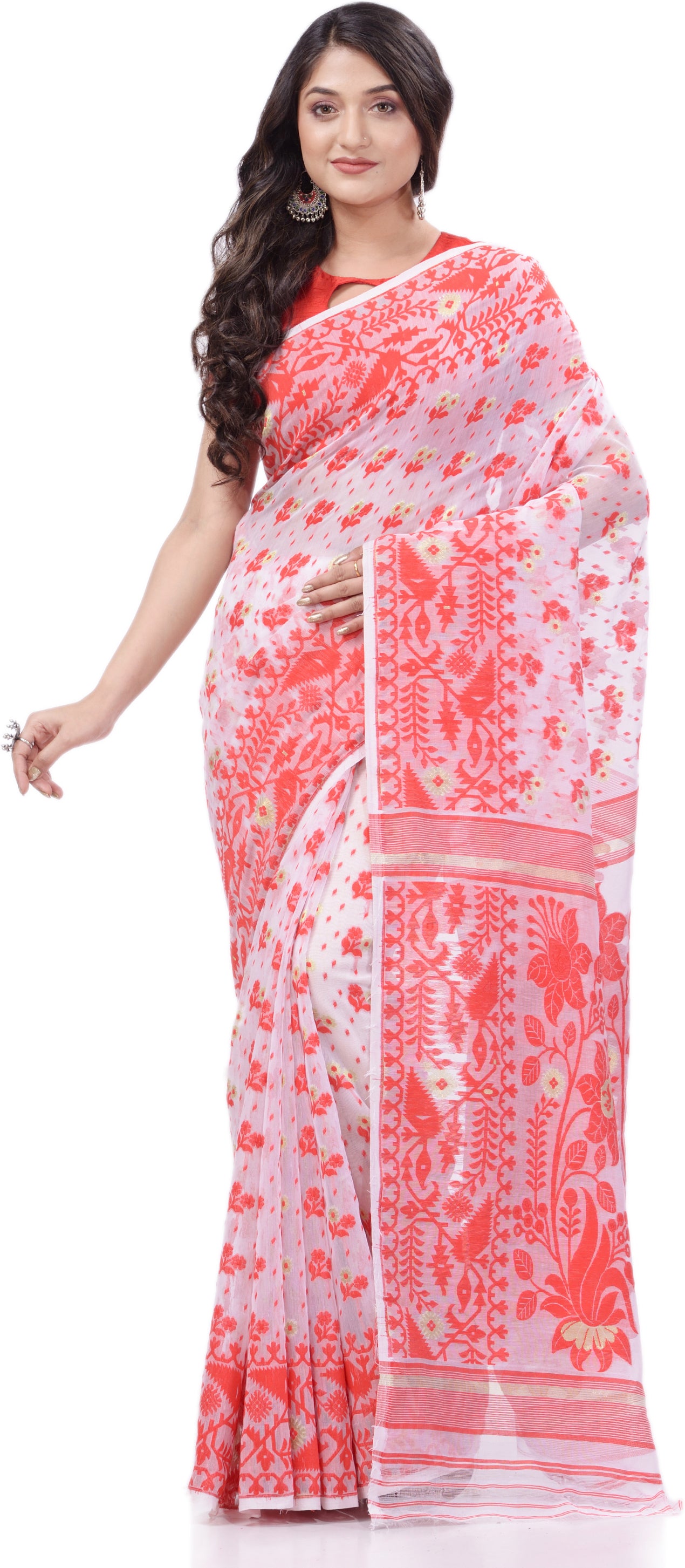 Desh Bidesh Woven Handloom Pure Cotton Saree (Red) - Distacart