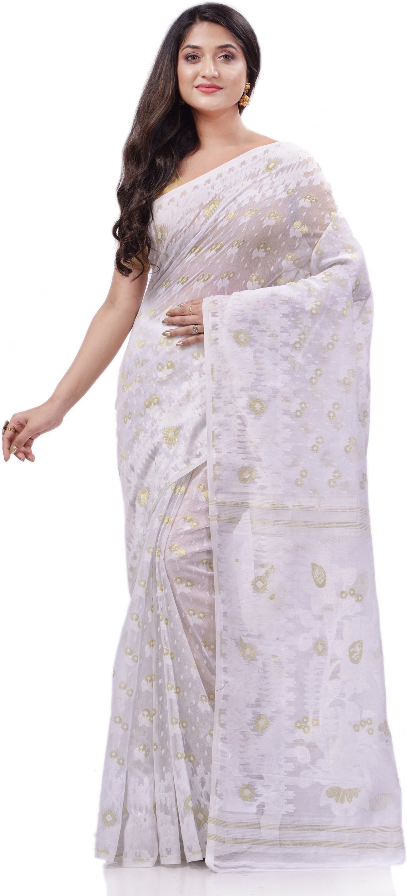 Desh Bidesh Woven Handloom Pure Cotton Saree (White) - Distacart