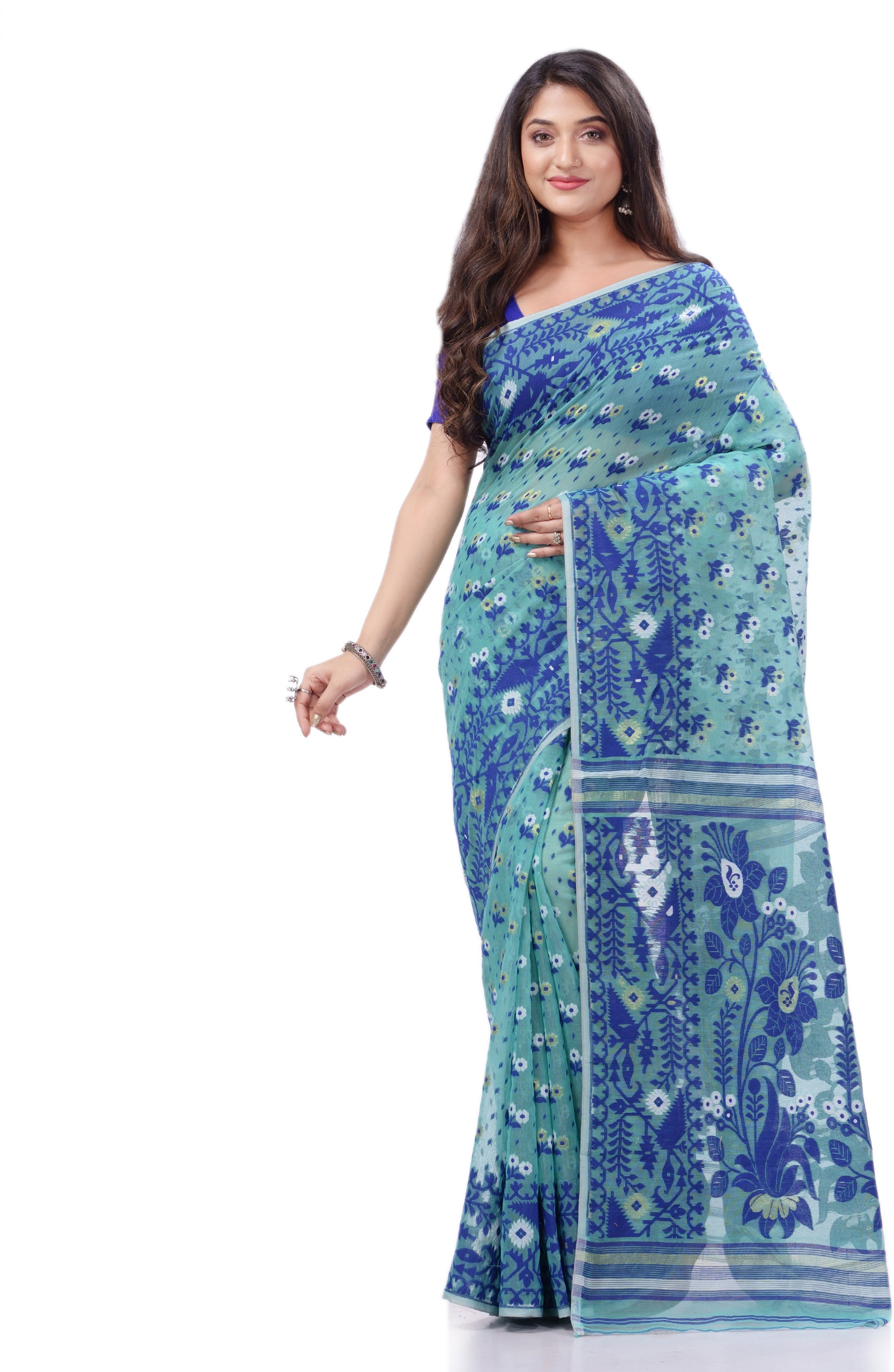 Desh Bidesh Woven Handloom Pure Cotton Saree (Blue) - Distacart